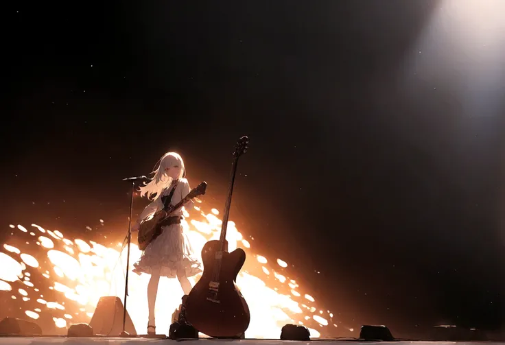 Woman with electric guitar、On stage、Spotlight