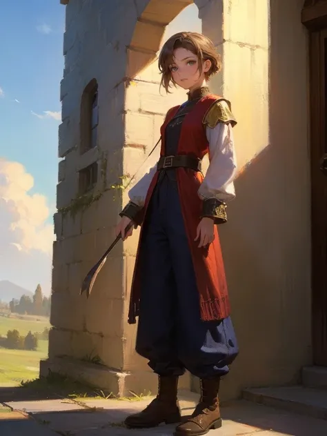 masterpiece, best quality, rpg character art, epic fantasy art style, 1 girl, Vera, 14-year-old teenager, hands behind her back, youthful appearance, full body fantasy concept art, short brown hair, hazel eyes, high detail, light casual medieval clothes (s...