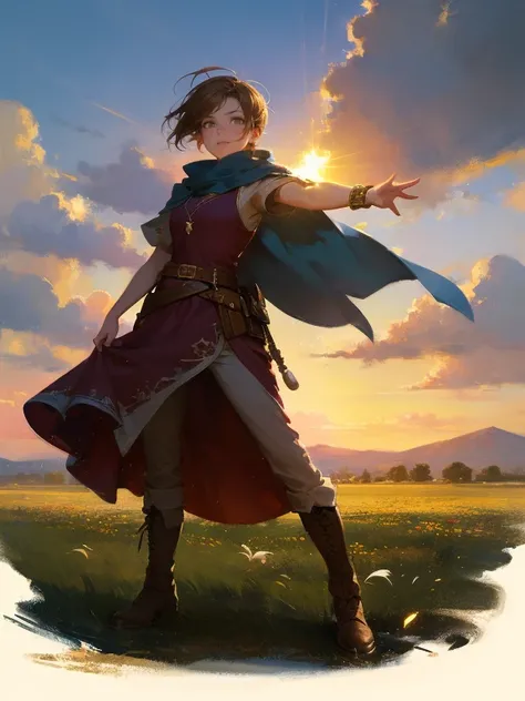 masterpiece, best quality, rpg character art, epic fantasy art style, 1 girl, Vera, 14-year-old teenager, dynamic pose, fighting stance, ecstatic, excited, youthful appearance, full body fantasy concept art, short brown hair, hazel eyes, high detail, light...