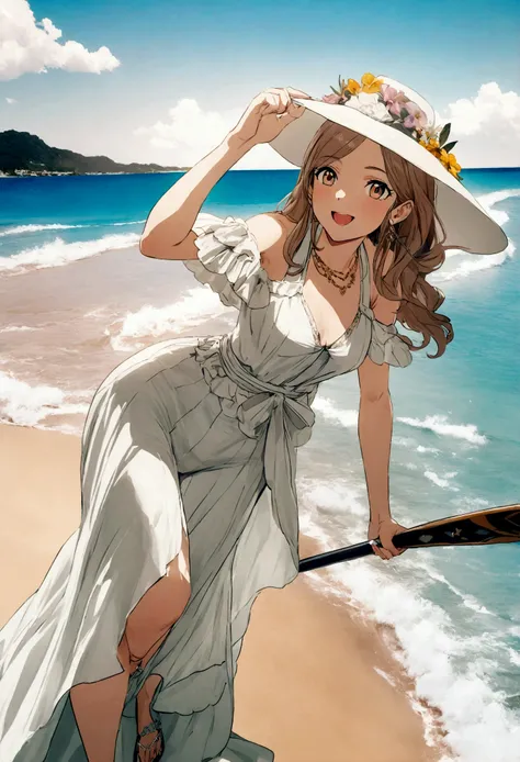 In this fascinating image, a 26-year-old woman enjoys an afternoon on the beach, immersing herself in the life of a millionaire with elegance and youthful style. Her straight brown hair shines in the sun, and a cheerful smile lights up her face, radiating ...