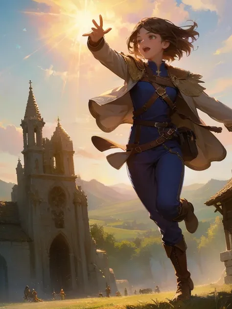 masterpiece, best quality, rpg character art, epic fantasy art style, 1 girl, Vera, 14-year-old teenager, dynamic pose, battle ready, ecstatic, excited, youthful appearance, full body fantasy concept art, short brown hair, hazel eyes, high detail, light ca...