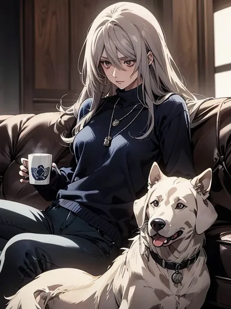 (Confused, High resolution, Very detailed), 1 female, Silver Hair,Long Hair,Reddish brown eyes,Navy blue sweater,Jacket,Black skinny pants,24th generation,beauty,mature,thin,quiet,Calm,talk,sofa,Mug,Navy blue sweater,Dog Tag Necklace