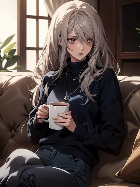 (Confused, High resolution, Very detailed), 1 female, Silver Hair,Long Hair,Reddish brown eyes,Navy blue sweater,Jacket,Black skinny pants,24th generation,beauty,mature,thin,quiet,Calm,talk,sofa,Mug,Navy blue sweater,Dog Tag Necklace