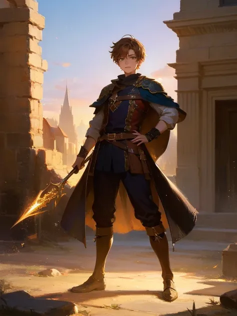 masterpiece, best quality, rpg character art, epic fantasy art style, 1 boy, Lera, 14-year-old teenager, dynamic pose, battle-ready, ecstatic, excited, youthful appearance, skinny, normal build, full body fantasy concept art, short brown hair, hazel eyes, ...