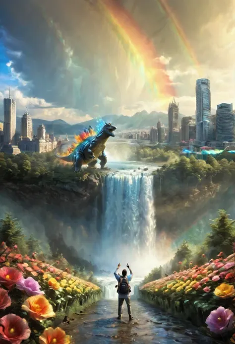 happy city, buildings whit waterfalls, blue sky, giant rainbow in the sky, godzilla, shooting flowers from its mout, happy peopl...