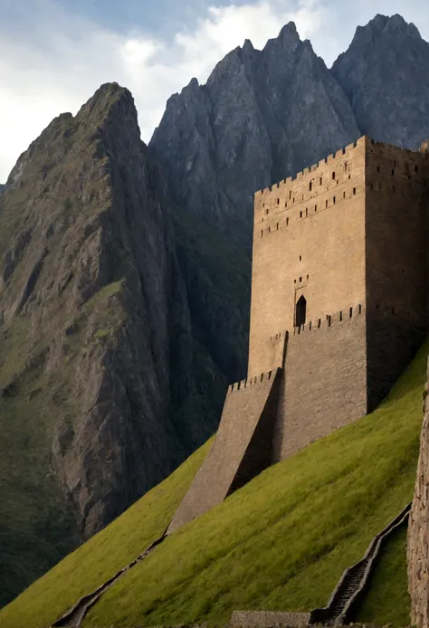 Image of a sturdy iron wall towering between two mountains. Ensure the wall looks imposing and strong