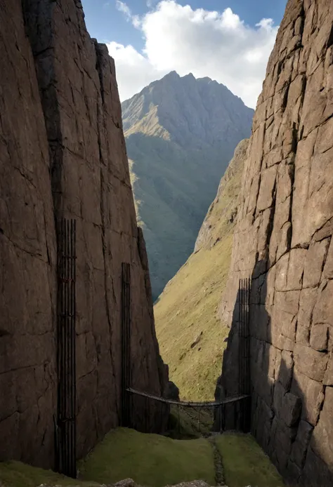 Image of a sturdy iron wall towering between two mountains. Ensure the wall looks imposing and strong