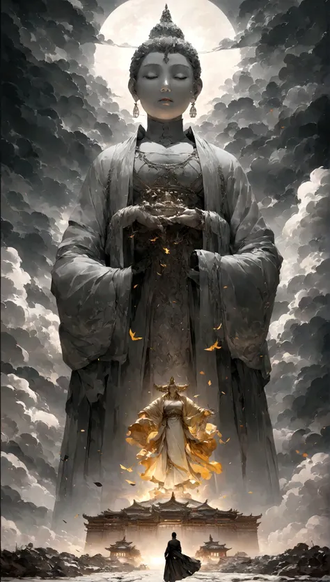 ((masterpiece))，(最high quality))，Chinese style，In the sky, Clouds form a giant statue of Maitreya Buddha，Gazing at Earth，Standing Buddha statue，The light shines，Glow effect，Pilgrims&#39; Path，Surreal，Ultra-photorealism，real photography，8k，High resolution，h...