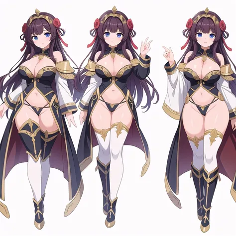 masterpiece, best quality, solo, high fantasy outfits, ((white background)), full body, multiple views, thong, cleavage, 