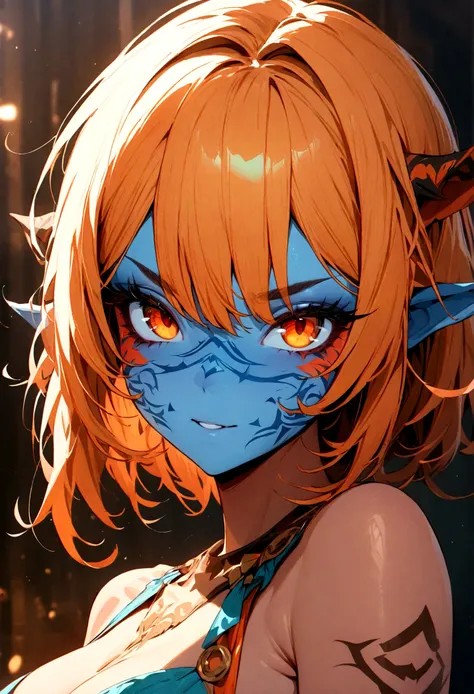 (((masterpiece))), (((best quality: 1.4))), ((Super Detail: 1.4)) , An extremely detailed gouache painting of a female tiefling, Gorgeous exotic style, Amber neon eyes:1.5,  Orange Hair, Extremely detailed facial features, Expressive face, Detailed texture...