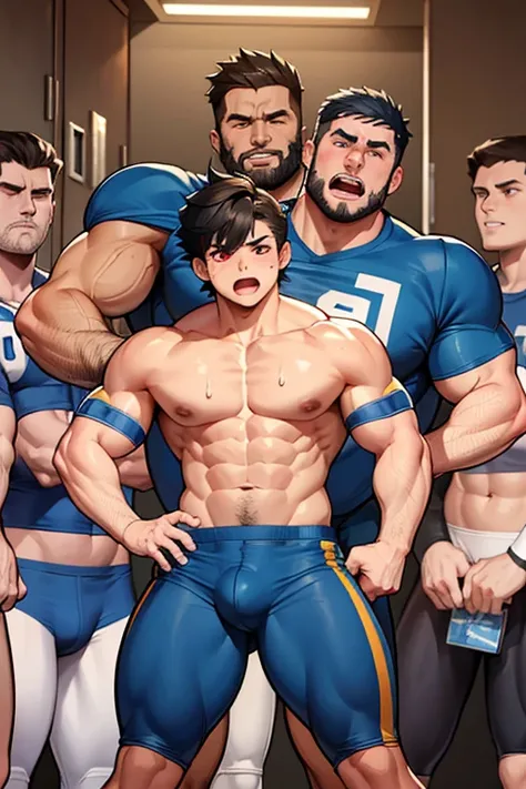 Ash Ketchum and Brock from Pokémon wearing a football uniform with cleats, pads, and helmet included standing in line with brainwashed football jocks flexing their biceps under hypnosis with glowing red eyes as they all grow into big dumb sweaty hairy musc...