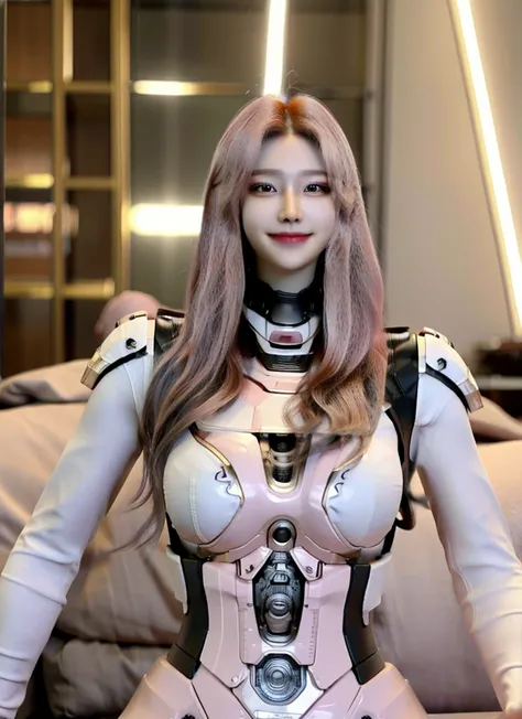 Armoured girl, realistic, long hair, pink robotics, smile