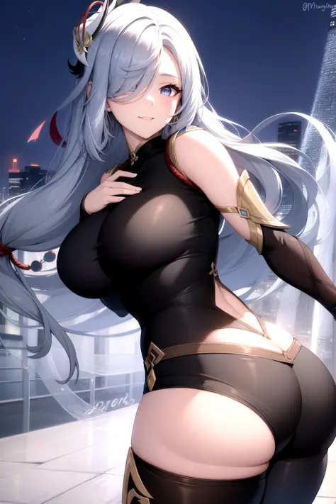 ShenheV4, 1girl, solo, long hair, looking at viewer, smile, breasts, night city background, butt, bare shoulders, teeth, tight shirt, short sleeves, closed mouth, black t-shirt, portrait, shorts, skin tight outfit, seductive, realistic, best quality, maste...