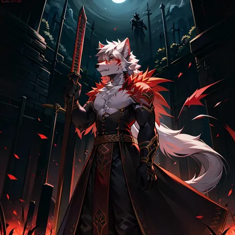 peludo, a white wolf in the middle of a chameleon battlefield., fight with your sword on the battlefield at night......... black...