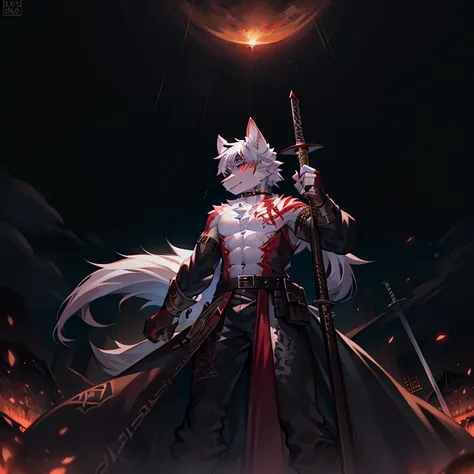 peludo, a white wolf in the middle of a chameleon battlefield., fight with your sword on the battlefield at night......... black...