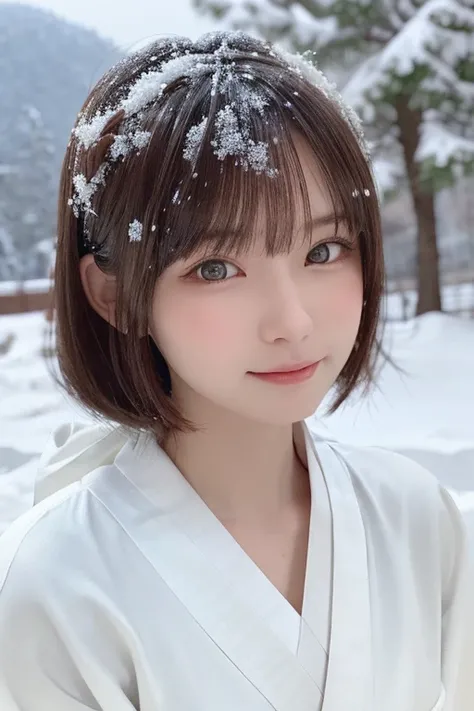 one girl, (a beauty girl, delicate girl:1.3), (14 years old:1.3),
break, (snow woman, white kimono:1.3), obi,
break, (snowy mountain, snowing, blizzard:1.2),
break, very fine eyes, (symmetrical eyes:1.3),
break, (small breasts:0.5), brown eyes, parted bang...