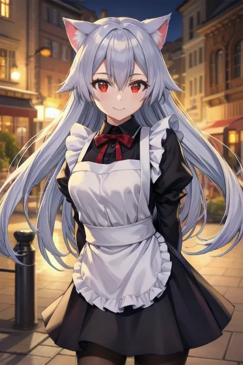 masterpiece, best quality, 1girl, tomoe gozen, torino style, glowing red eyes, smug smile, hair between eyes, silver long hair, cat ears, skirt, pantyhose, maid outfit, hands behind back, realistic, photorealistic, photo-realistic:1.37, ultra-detailed, HDR...