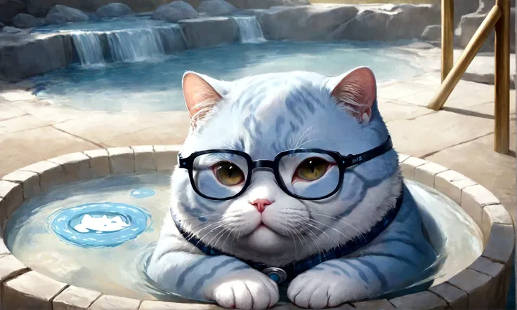 Cute adorable Scottish fold light blue fat cat Paladin, At the hot spring, Write a logo "University of North Carolina" On the body, Adorable digital painting, Realistic fantasy art, Beautiful digital art,Wear glasses,One animal,It is expanded,