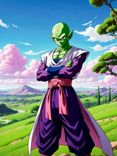 dragon ball, piccolo, 1boy, male focus, solo, green skin, pointy ears, black eyes, purple pants, crossed arms, standing, purple ...