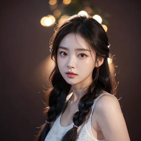 Half body portrait of Korean woman with braided hair, Beautiful and spellbinding for every eye, Under the eyes, night picture, dress up tank top, flowers in hair