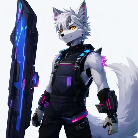 cyber punk perssonage，epcot，Tech style，solo person，White body，White ears，White hair，Overall white，Orange-yellow eyes，Wolf tail，Wolf orcs，Young，Wear a short-sleeved shirt，Ultra-clear screen，Soft lines