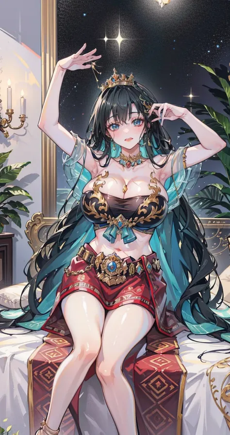 ((group of little princesses)), (in the bedroom), Various hair styles, harem, He wore ceremonial clothing., nighttime, detailed face, , short skirt, mule, Sleeveless , Show your armpits, nighttime, starry nighttime，((big breasts))