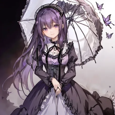 1 girl、Mature、Ample breasts、Purple Hair、Long Hair、Curly Hair、Vertical roll hair、Long Hair、Half Twin、Sharp Eyes、Black Dress、Lolita Costume、A seductive smile、Holding a black parasol、Gothic Lolita umbrella with frills、Lady、Open-chested clothing、Choker on ribb...