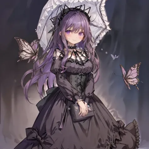 1 girl、Mature、Ample breasts、Purple Hair、Long Hair、Curly Hair、Vertical roll hair、Long Hair、Half Twin、Sharp Eyes、Black Dress、Lolita Costume、A seductive smile、Holding a black parasol、Gothic Lolita umbrella with frills、Lady、Open-chested clothing、Choker on ribb...