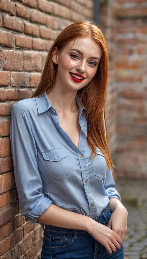 hyperrealistic beautiful busty 19-year-old woman with long legs wearing casual shop-clerk outfit, model shooting full body photography, natural redhead very long straight hair, freckles, soaky wet skin, dark eye makeup with eyeliner, seductive smile, red l...