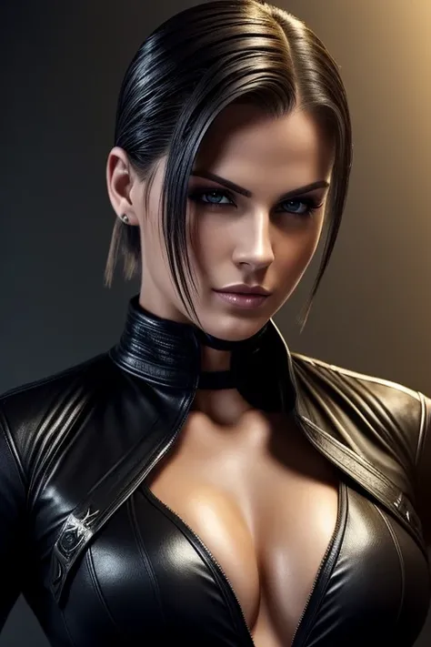 Gorgeous european woman with very short straight hair, short hair, wet hair, hair slicked back, combed straight back, slick hair, streaked caramelblonde hair, seductive, dressed as sonya blade from tekken, cleavage, solid dark grey background