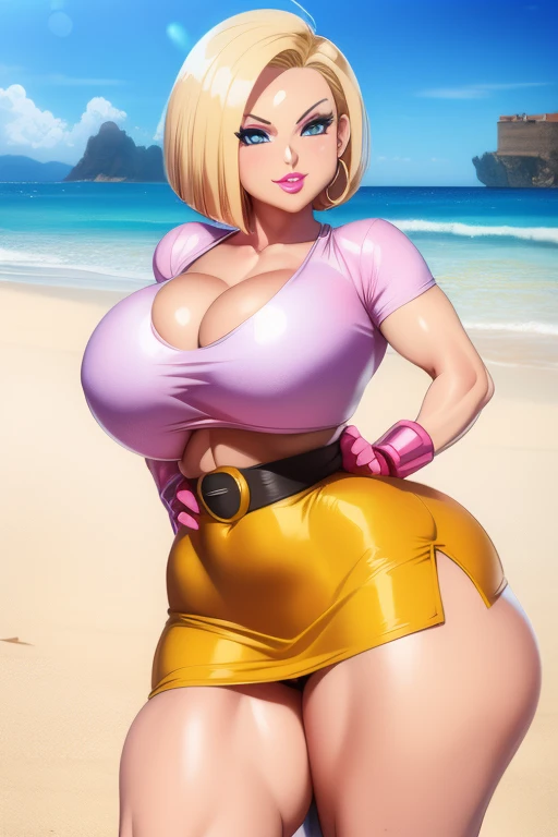 Dragon ball, android 18, 1girl, (((bimbo))), puffy lips, painted lips, thick lips, wide hips, thick thighs, big breast, huge ass, revealing cleavage, erotic, Smile face, bubble butt, camel toe, Breasts, ((mini shirt, mini skirt, posing on the beach))