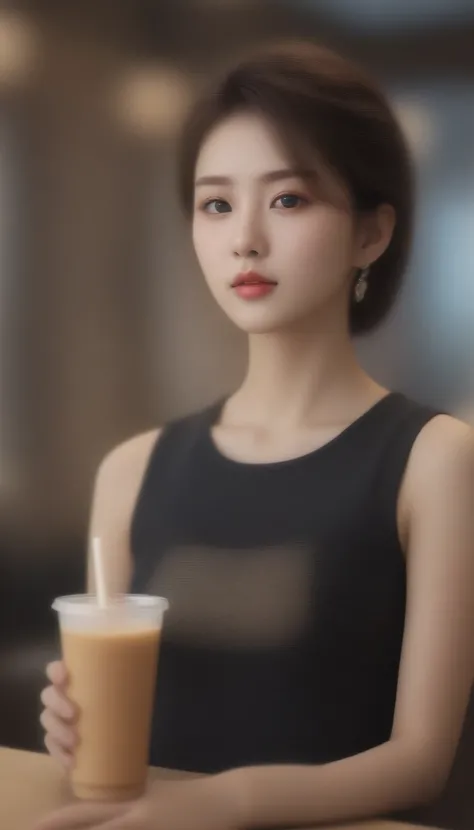 close-up of beautiful korean female, 34 inches breasts size, wearing punk tank top, pants, holding milk tea, at the luxury cafe, bokeh background, UHD