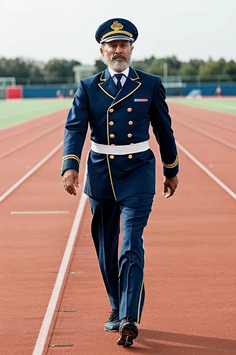 A track team runner on a track in a sea captain uniform