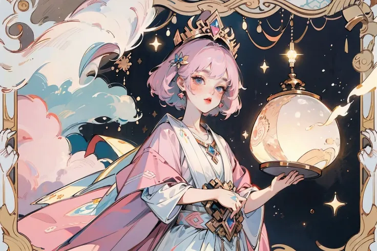 ((masterpiece)), best quality, (8K, best quality, masterpiece:1.2), Extremely detailed, illustration, Ancient style girl，cute，Pink gray hair，Galaxy Stars，Holding a ball-shaped lamp in hand