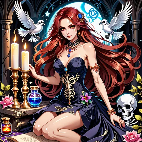 1 topless girl, long bloody hair, seductive eyes, mysterious expression, mature appearance, charming dress, flowing short dress, elegant jewelry, intricate decoration, magic symbols, glowing accessories, potions, scrolls, cute accents, bows, ribbons, flowe...