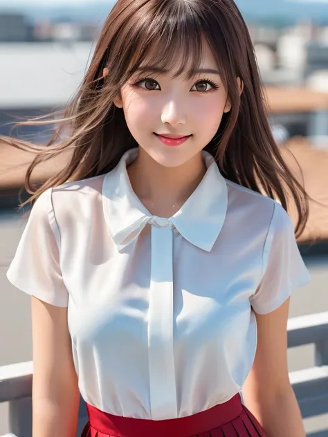 masterpiece, Upper Shot, One girl per photo, Front view, Young and beautiful woman in Japan, Standing on the school rooftop with a big smile, Attractive appearance, Wearing a short-sleeved white collared silk shirt and a plain shiny red satin bow tie, Wear...