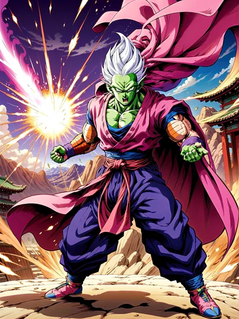 piccolo, green skin, pointy ears, black eyes, oni horns, pink patches, white cape, white turban, purple dougi, purple pants, blu...