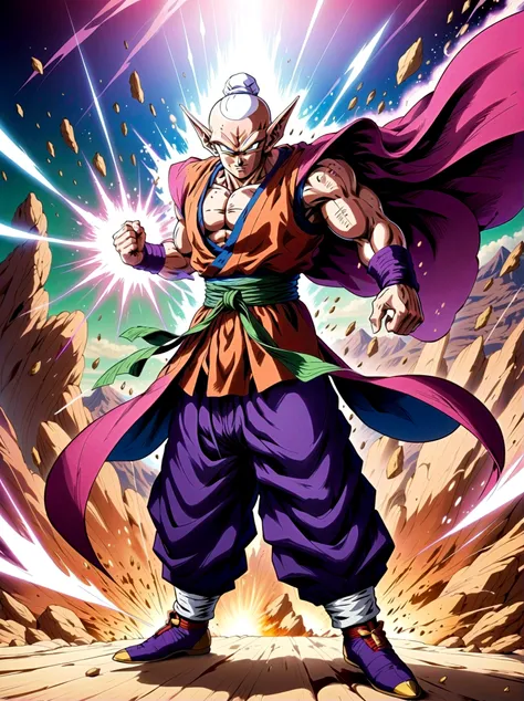 piccolo, green skin, pointy ears, black eyes, oni horns, pink patches, white cape, white turban, purple dougi, purple pants, blu...