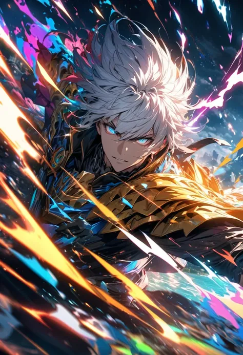 absurdres, highres, ultra detailed, HDR, masterpiece, extremely detailed face and eyes, dragon knight , colorful white hair , , solo, man, handsome, , , Epic fight scene, colorful water splashing effect,colorful lightning  effect,glowing glitters