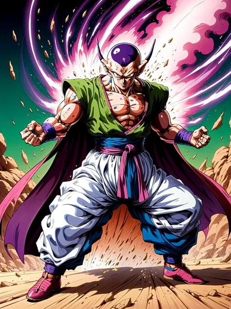 piccolo, green skin, pointy ears, black eyes, oni horns, pink patches, white cape, white turban, purple dougi, purple pants, blu...