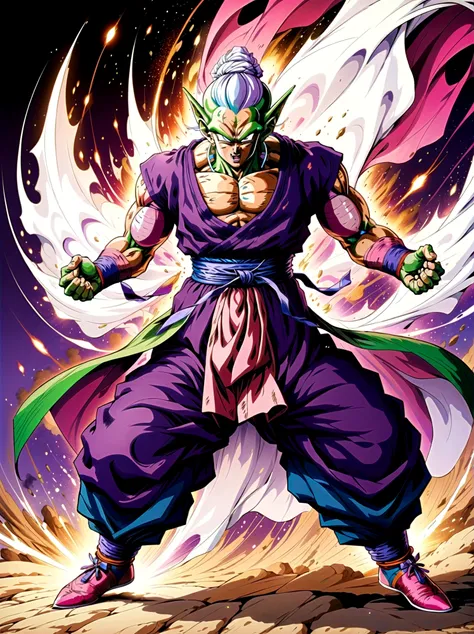 piccolo, green skin, pointy ears, black eyes, oni horns, pink patches, white cape, white turban, purple dougi, purple pants, blu...