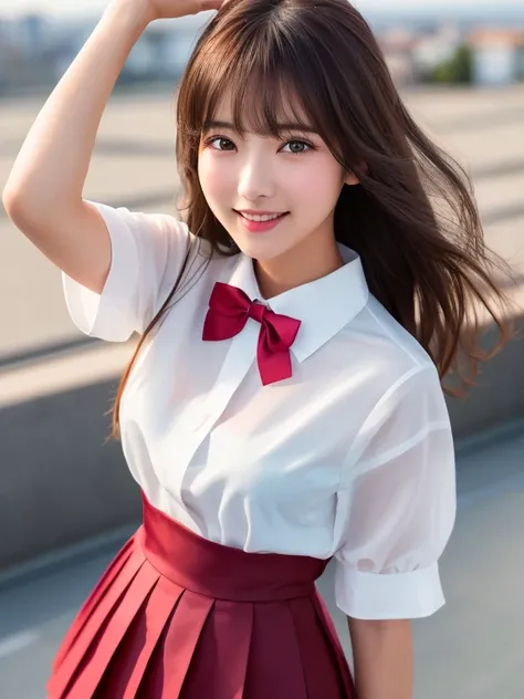 masterpiece, Upper Shot, One girl per photo, Front view, Young and beautiful woman in Japan, Standing on the school rooftop with a big smile, Attractive appearance, Wearing a short-sleeved white collared silk shirt and a plain shiny red satin bow tie, Wear...