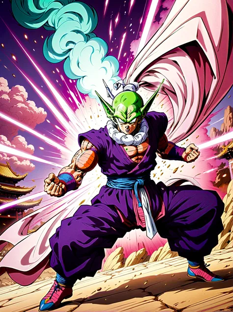 piccolo, green skin, pointy ears, black eyes, oni horns, pink patches, white cape, white turban, purple dougi, purple pants, blu...