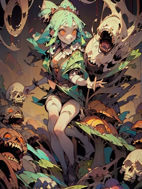 Gruesome and spooky details、Cute Smile、Mysterious atmosphere、Alice in Wonderland、Enthusiastic atmosphere、Mischievous Smile、Expressive gestures、Comical movement、Psychedelic Mushroom Background
