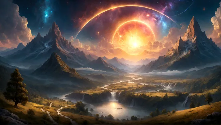 a vast fantastical landscape, majestic mountains, rolling hills, lush forests, flowing rivers, glowing celestial bodies, intricate cosmic structures, divine light, ethereal atmosphere, cinematic camera angle, epic grandeur, highly detailed, photorealistic,...