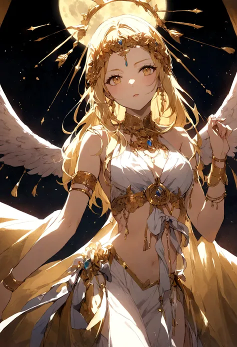 goddess, golden hair, waist ribbon, arm bracelet, halo, bright moon