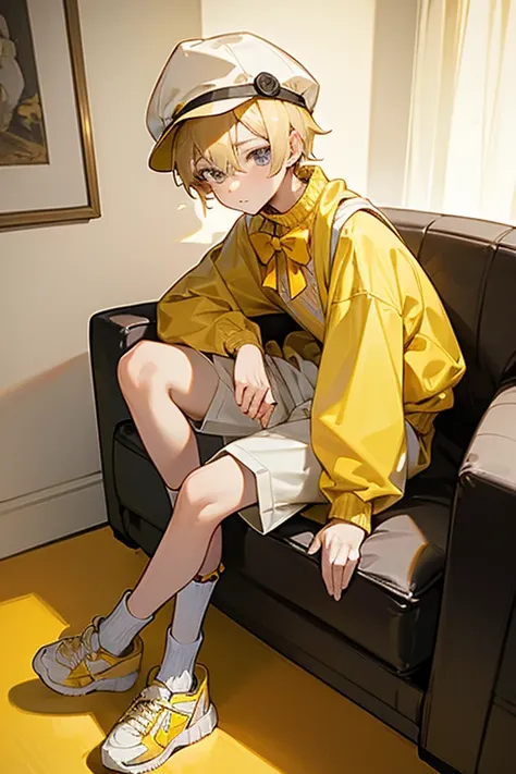 12 year old boy, blond hair, grey eyes, full body, yellow bucket hat, ducky sweater , long sleeves turtleneck, yellow bowtie, White shorts, yellow shoes, hotel,