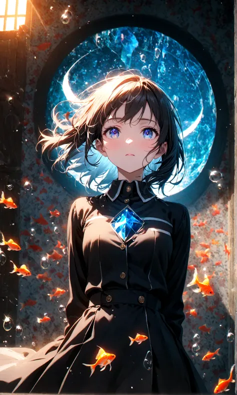 (female(student, age of 15, JK, short silver floating hair, cosmic colored eyes, black color uniform of school, pale skin, tired face with no shine in the eyes) is looking up at the sky), (so many goldfish are swimming in the air), beautiful sky, beautiful...