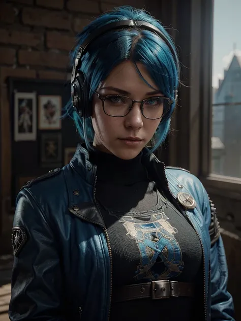 cute punk woman, fireemblem, headphones, shortbluehair, glasses, leatherjacket, art by artgerm and greg rutkowski and magali villeneuve, portrait, d & d, fantasy, highly detailed, digital painting, trending on artstation, concept art, sharp focus, illustra...