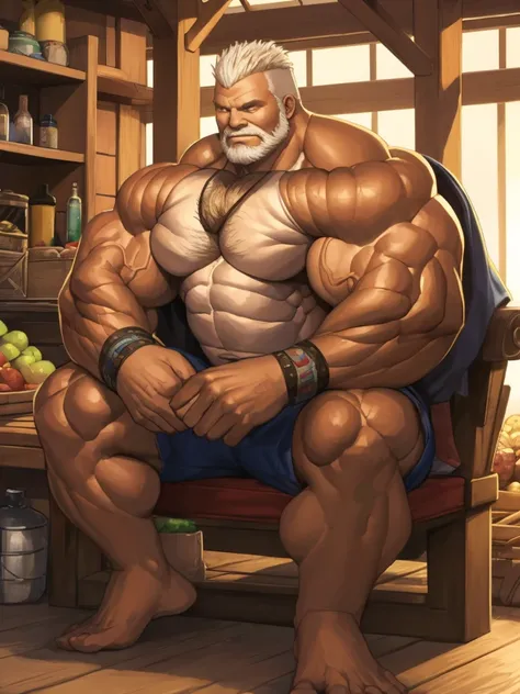 solo:1.2, 1boy. traditional market, side view, extremely huge muscular, massive muscular, full-body, well-muscled old man, sitting on box, shirtless, topless:1.2, mohawk:1.3. ((extremely muscle size, super thick arms, huge pec, extremely wide pectoral , hu...